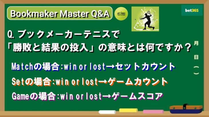 【Bookmaker Master Q&A】ブックメーカーテニスで「勝敗と結果の投入」の意味を教えて下さい【ブックメーカー投資】
